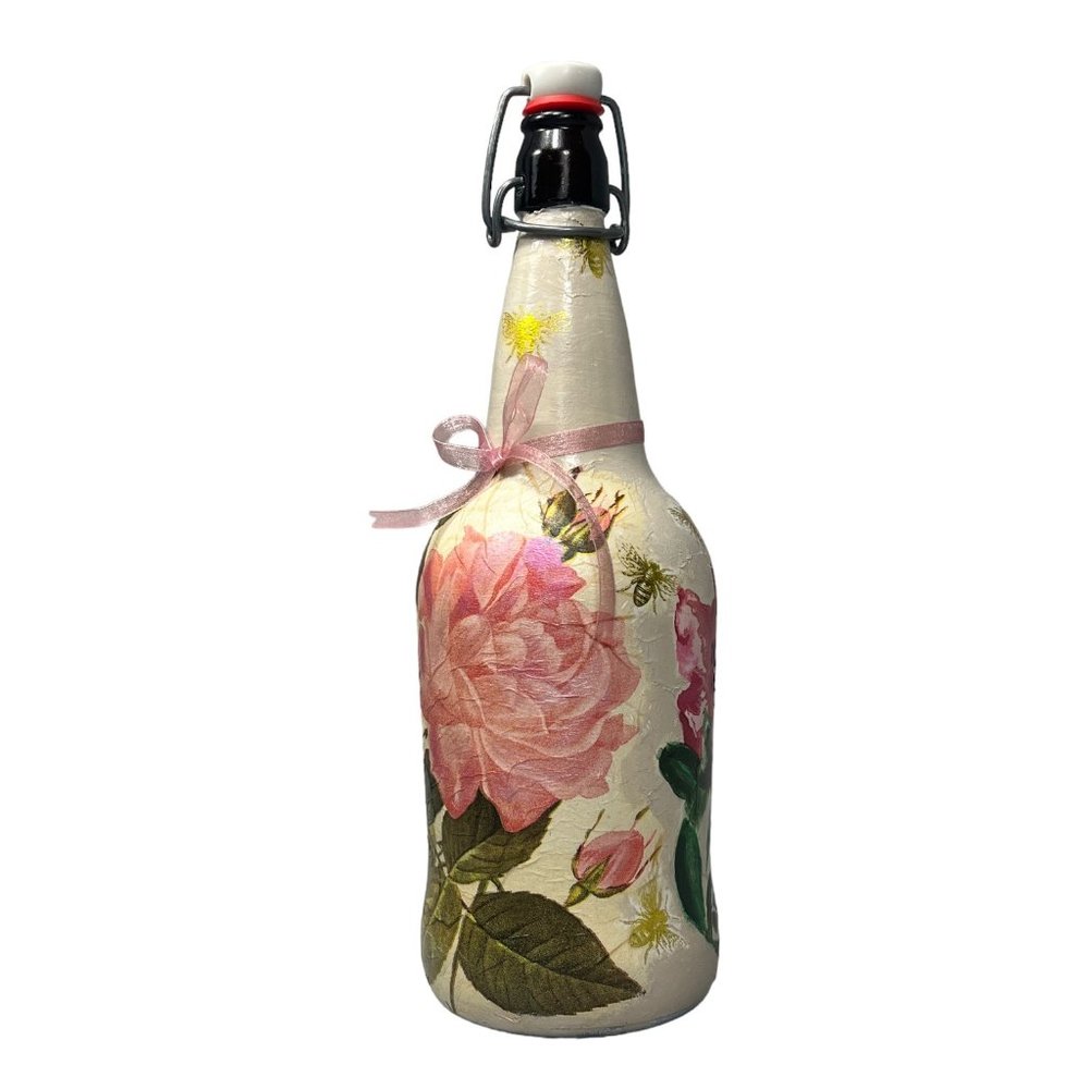 Hand Painted, Decoupaged and Clay Molded Flip Top Glass Bottle Vintage 3D Roses - Picture 12 of 15